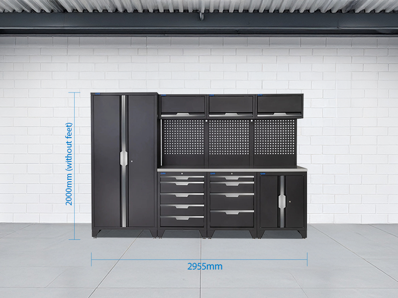 SGS 10pc Garage Storage System | 9 Drawers | Stainless Steel Worktop | Tall Double Cabinet | Floor Cabinet | 3x Upper Cabinets