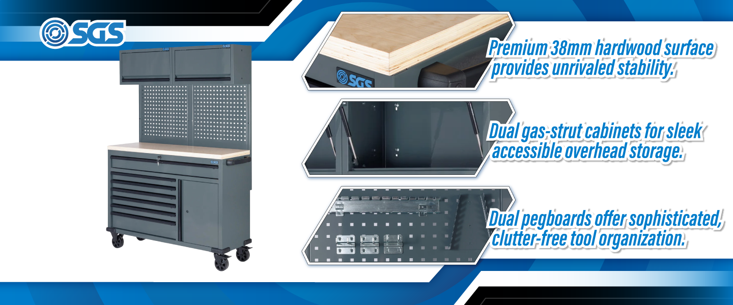 SGS 53in Garage Workstation with Top Cabinets & Pegboard with Accessories | 7 Drawers | Slate Grey