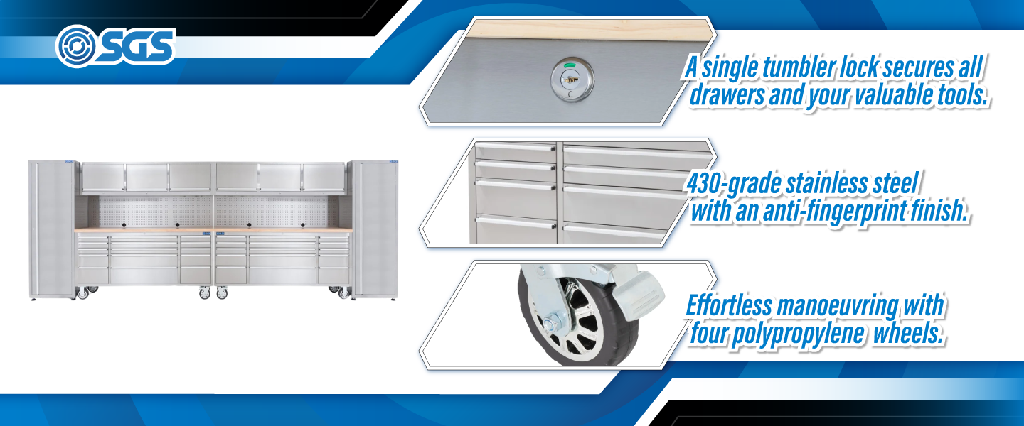 SGS Stainless Steel 30 Drawer Work Bench | 6 Upper Cabinets & 2 Tall Side Cabinets