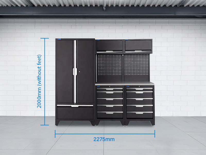 SGS 7pc Garage Storage System | 10 Drawers | Stainless Steel Worktop | 2x Upper Cabinets | Tall Double Cabinet | Tall Double Cabinet with Drawer