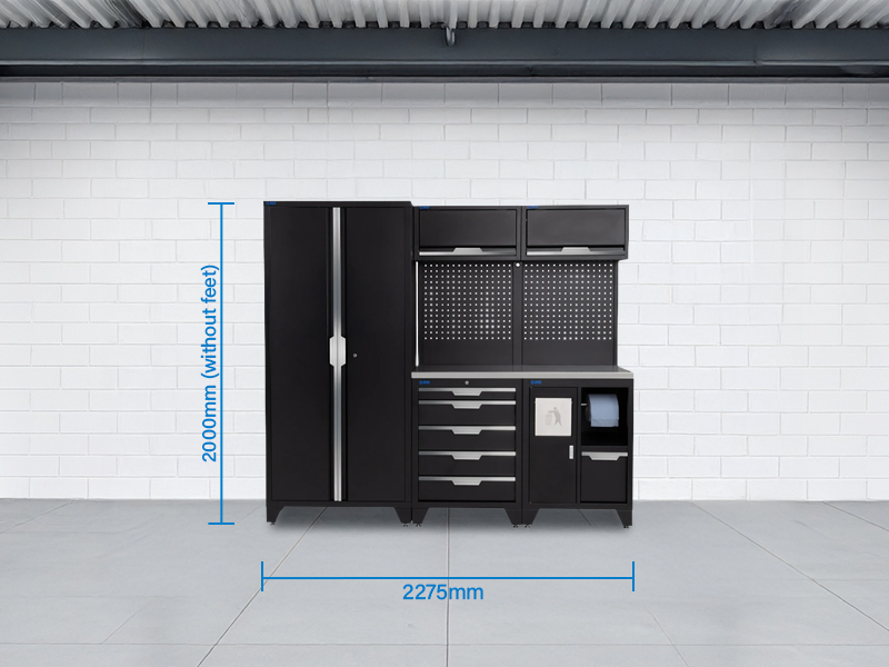 SGS 7pc Garage Storage System | 5 Drawers | Stainless Steel Worktop | Bin Unit | 2x Upper Cabinets | Tall Double Cabinet
