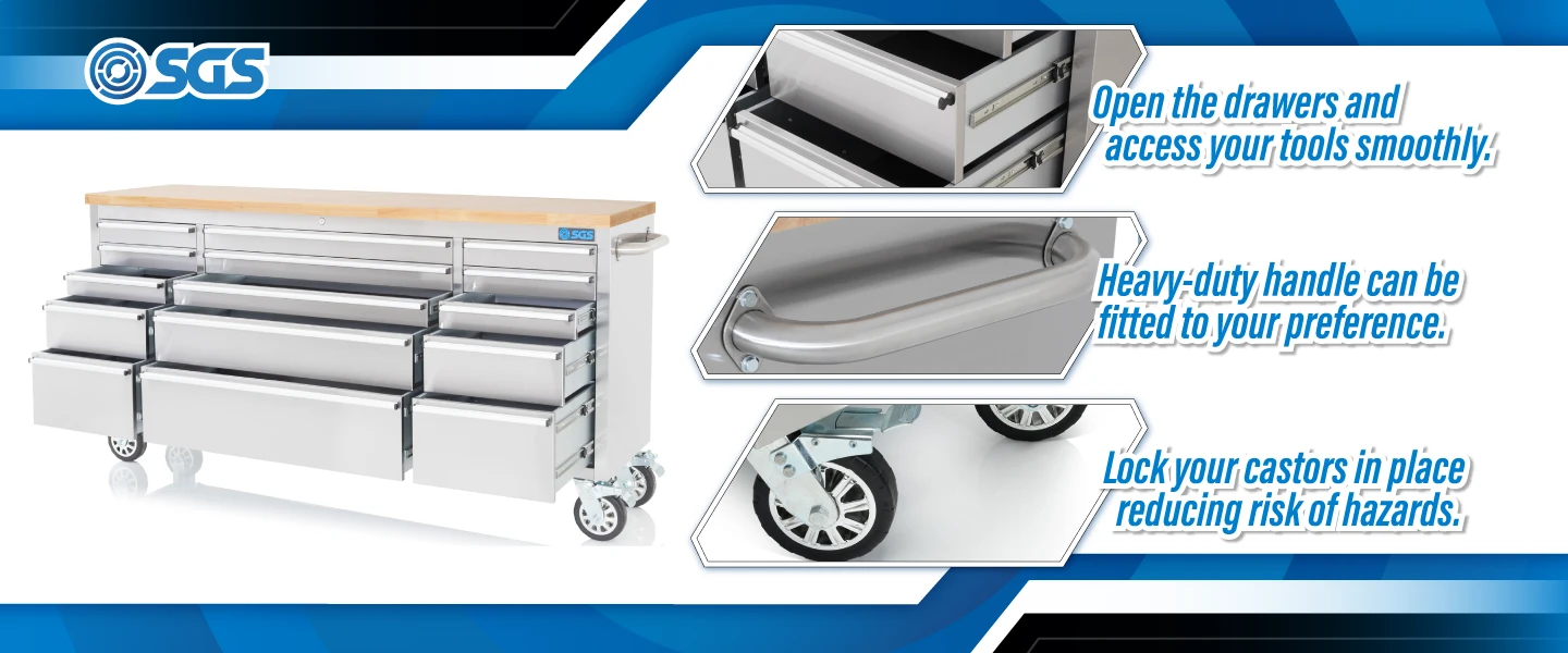 SGS 72in Stainless Steel 15 Drawer Mobile Workbench and Tool Chest