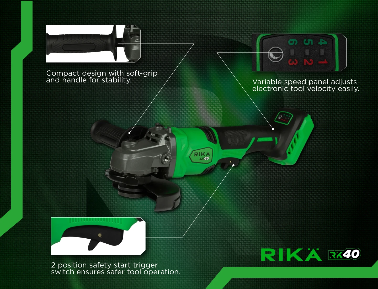 Rikä RK40 40V 125mm (5in) Cordless Braking Angle Grinder | Brushless Motor | Body Only