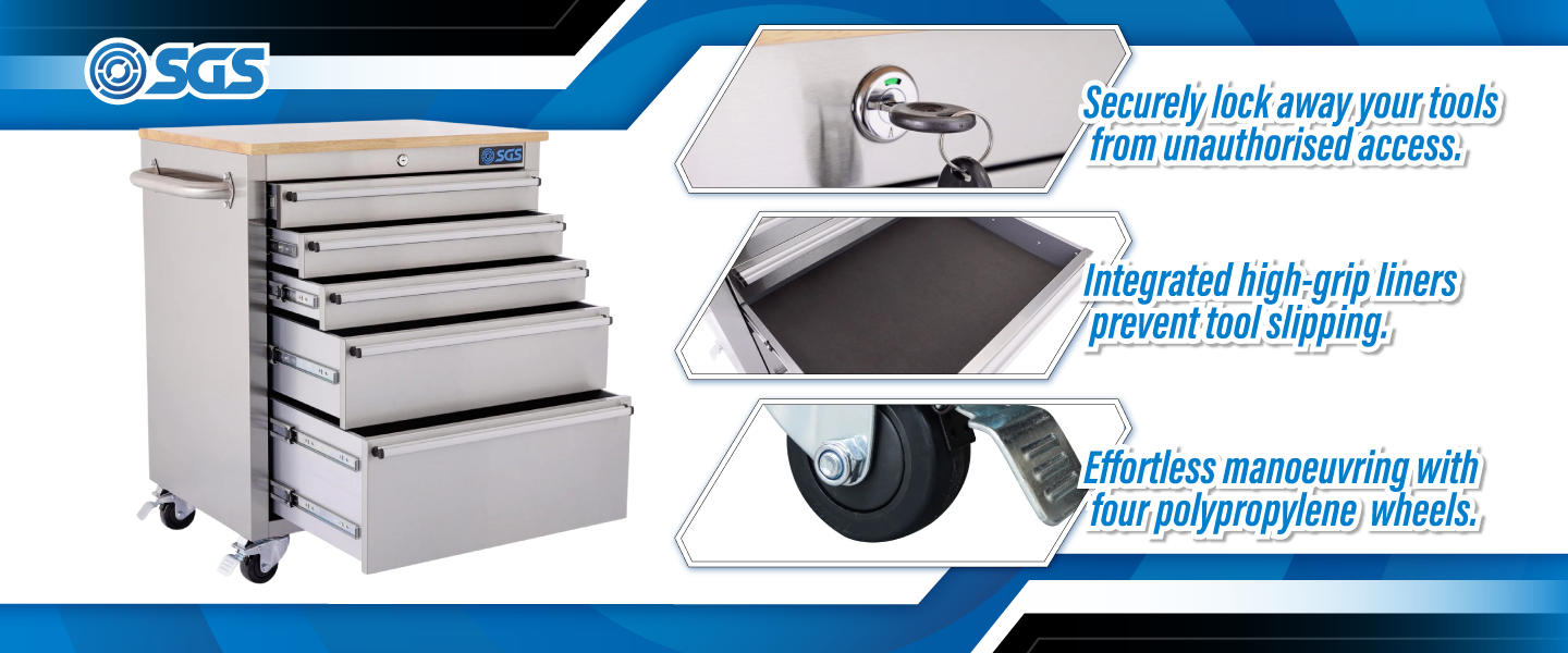 SGS 26 Inch Stainless Steel 5 Drawer Roller Tool Cabinet