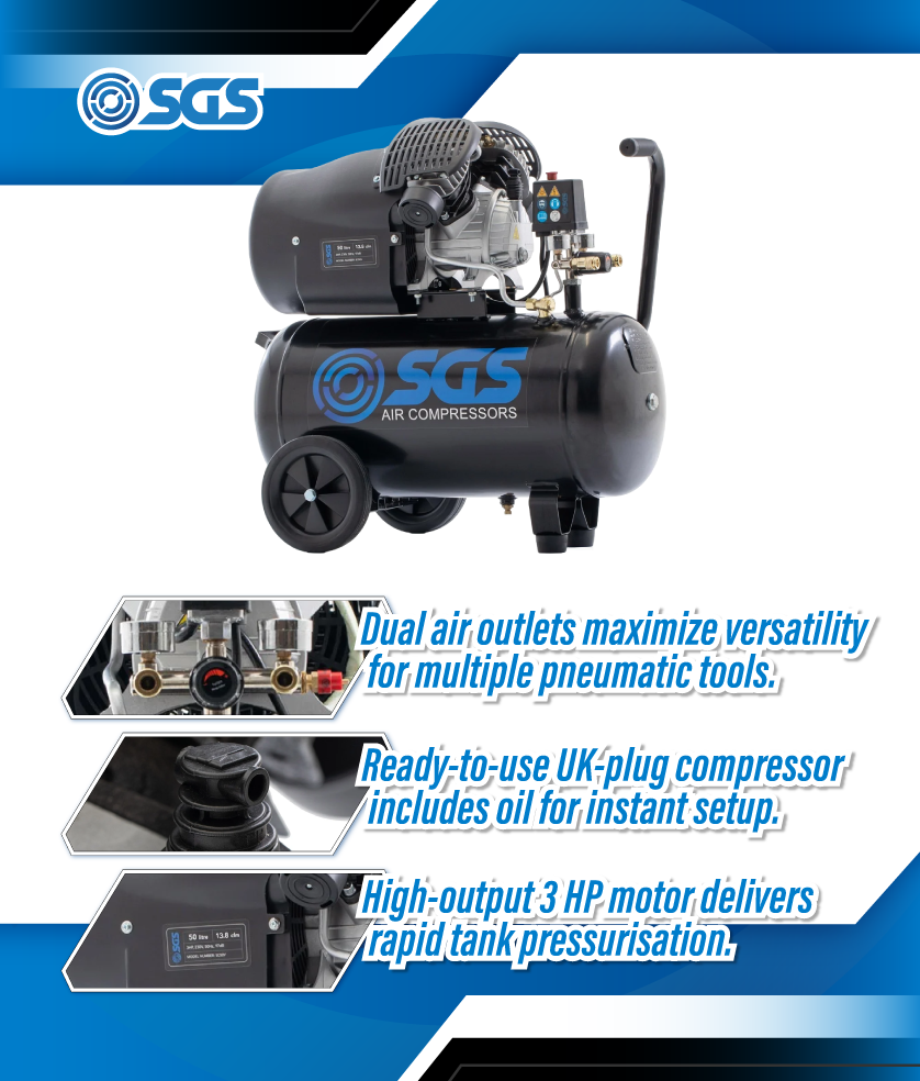 SGS 50 Litre Direct Drive Air Compressor | 13.8 CFM | 3 HP | 116 PSI