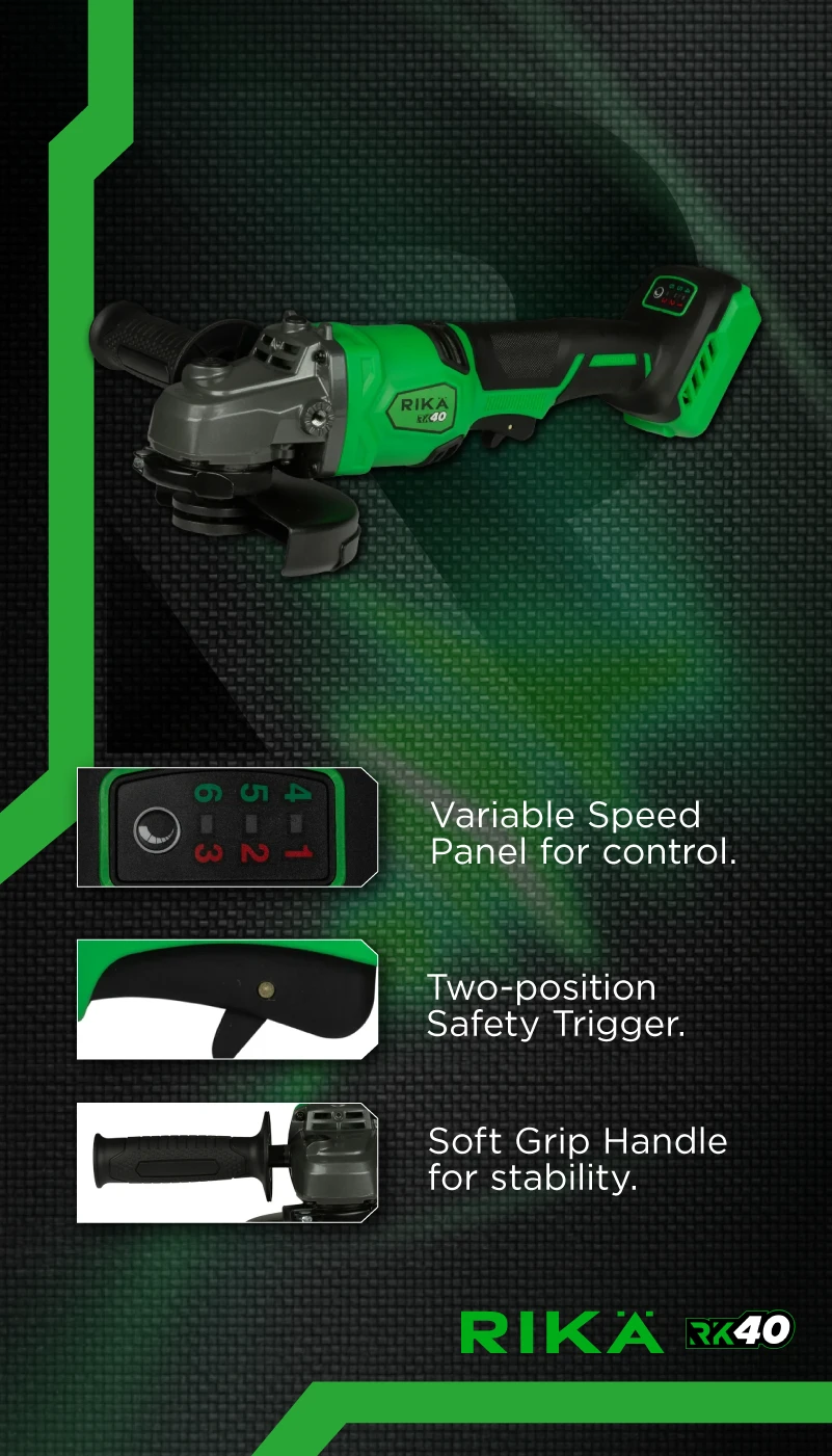Rikä RK40 40V 125mm (5in) Cordless Braking Angle Grinder | Brushless Motor | Body Only