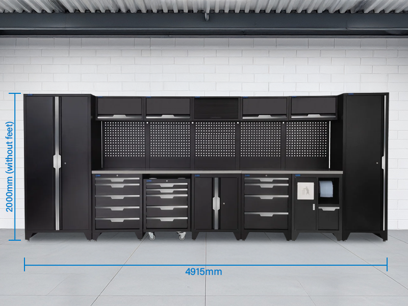 SGS 17pc Garage Storage System | 14 Drawers | Stainless Steel Worktop | Tall Single & Double Cabinets| Bin Unit | Mobile Tool Cabinet | Floor Cabinet | 5x Upper Cabinets