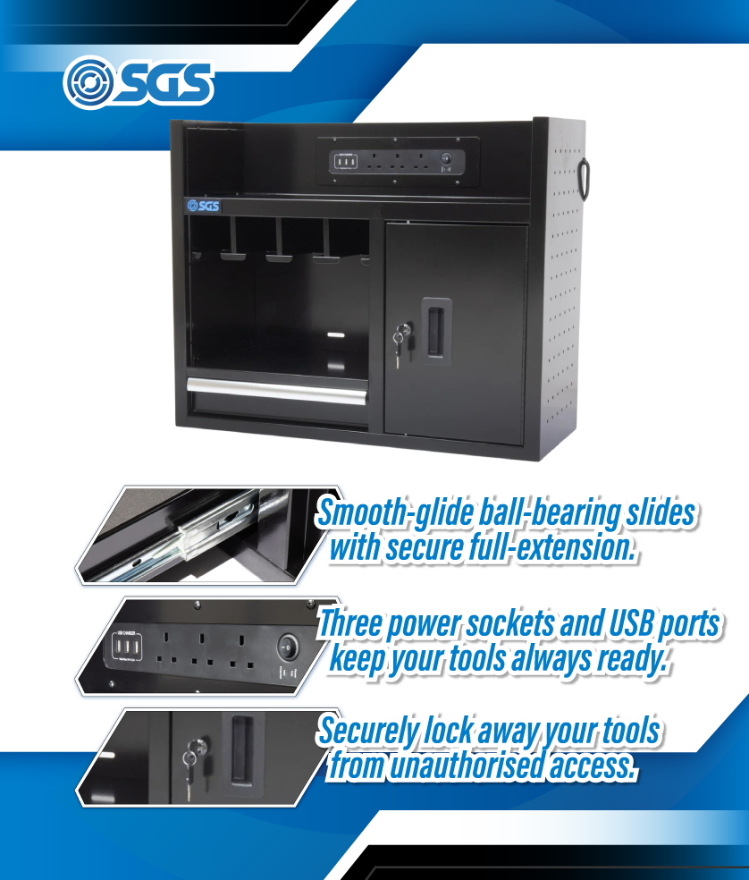 SGS 30in Wall Mounted Power Tool Storage Rack and Charging Station | 4 Slots | Drawer | Cabinet