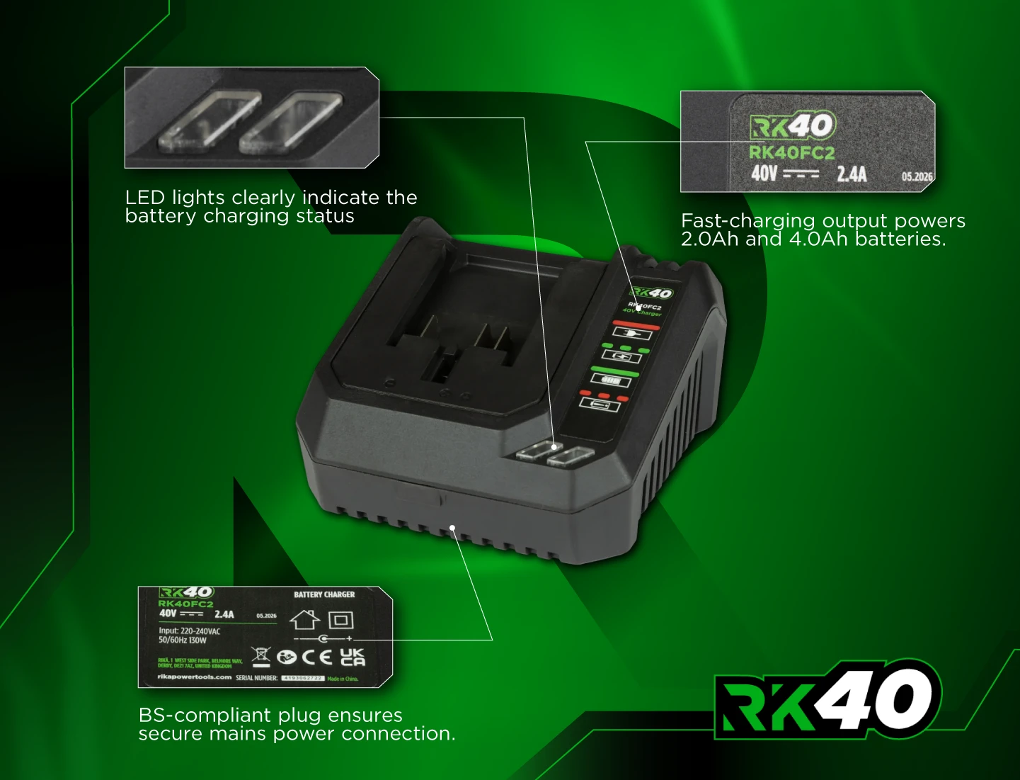 Rikä RK40 40V Single 2.0Ah Battery Fast Charger | 2.4A