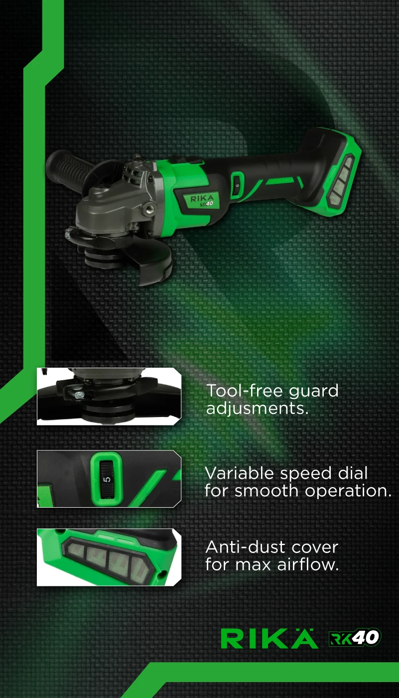 Rikä RK40 40V 115mm (4.5in) Cordless Braking Angle Grinder | Brushless Motor | Body Only