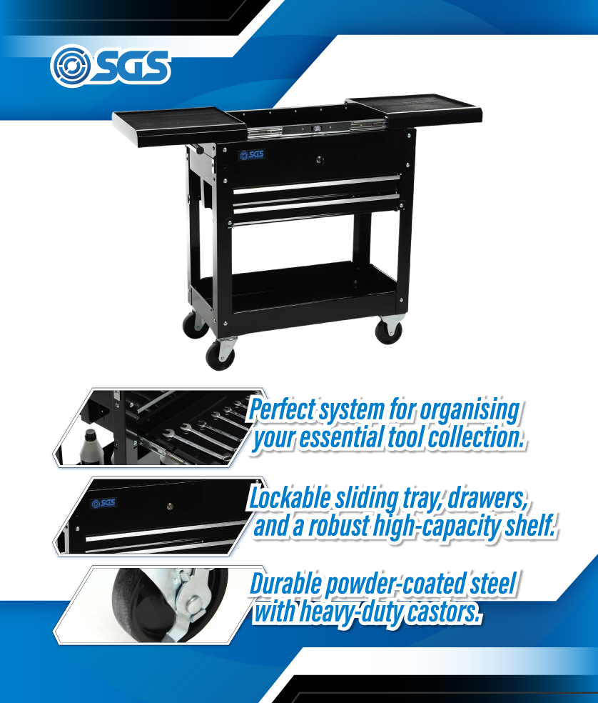 SGS 30in Tool Trolley Cart and Workstation | 2 Drawers | Sliding Top Trays | Black