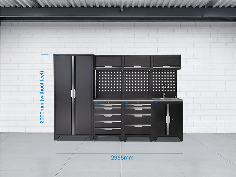 SGS 10pc Garage Storage System | 9 Drawers | Stainless Steel Worktop | Tall Double Cabinet | Sink Unit | 3x Upper Cabinets