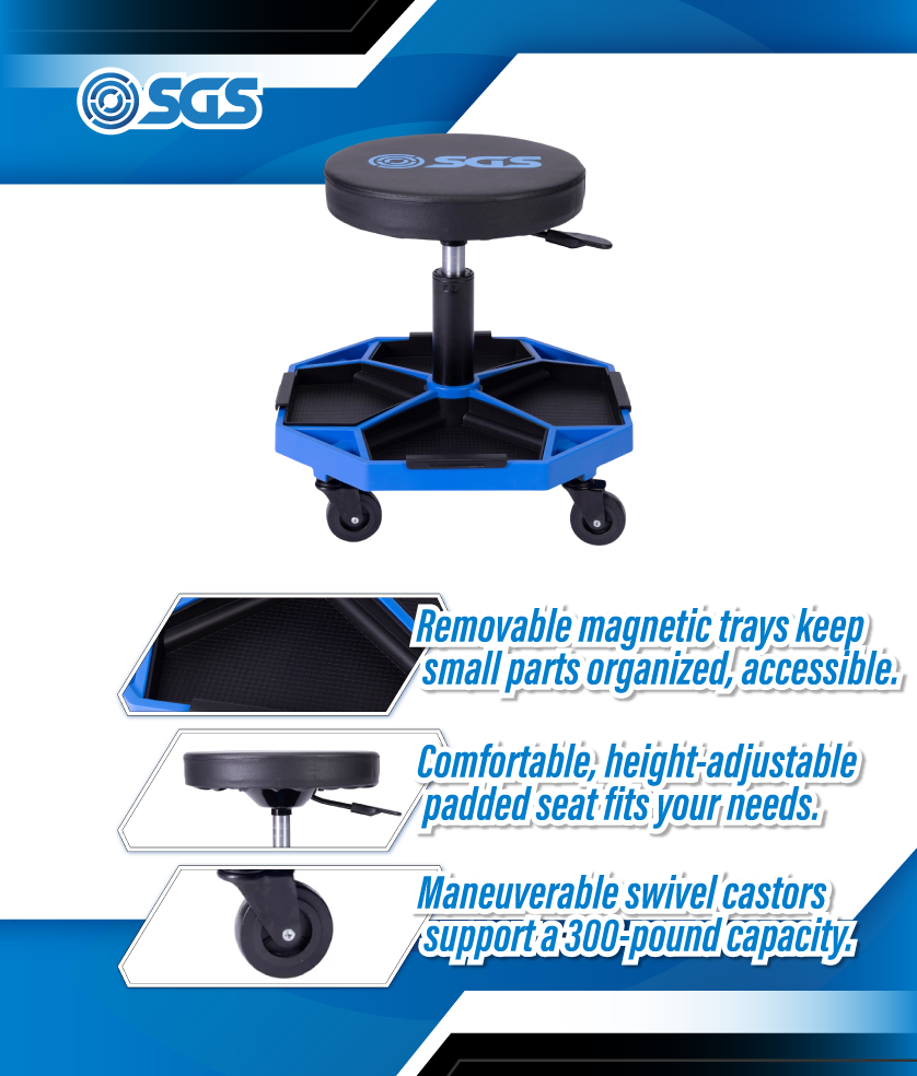SGS Adjustable Rolling Tool Seat | Detachable Magnetic Trays