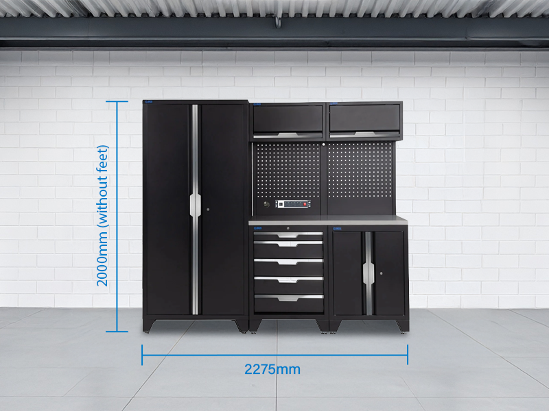 SGS 7pc Garage Storage System | 10 Drawers | Stainless Steel Worktop | 2x Upper Cabinets | Tall Double Cabinet | Tall Double Cabinet with Drawer | Pegboard with Power Strip