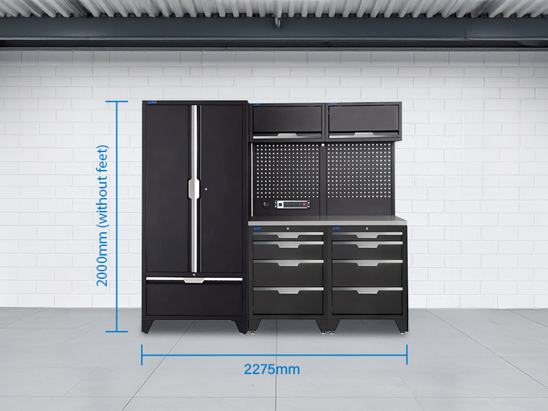 SGS 7pc Garage Storage System | 8 Drawers | Stainless Steel Worktop | 2x Upper Cabinets | Tall Double Cabinet with Drawer | Pegboard with Power Strip