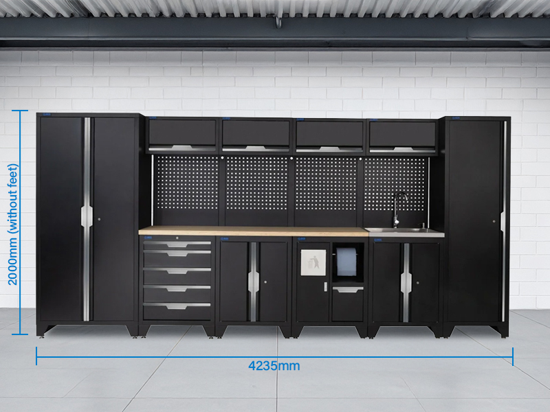 SGS 14pc Garage Storage System | 5 Drawers | Pressed Wood Worktop | Floor Cabinet | Tall Single & Double Cabinets | Bin Unit | Sink Unit