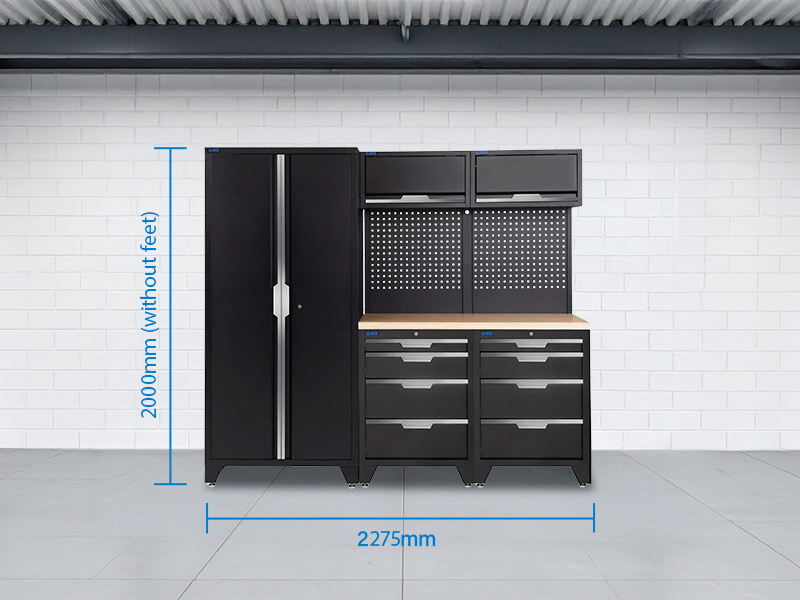 SGS 7pc Garage Storage System | 8 Drawers | Pressed Wood Worktop | 2x Upper Cabinets | Tall Double Cabinet