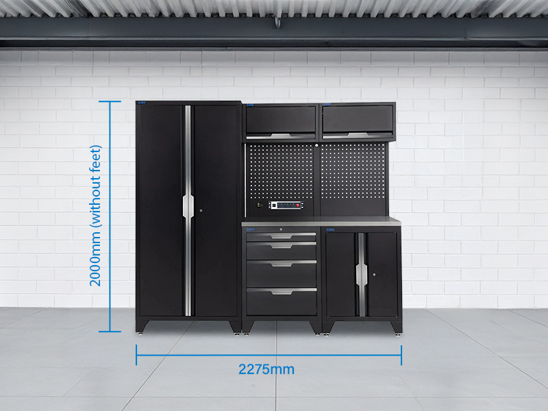 SGS 7pc Garage Storage System | 4 Drawers | Stainless Steel Worktop | Floor Cabinet | 2x Upper Cabinets | Tall Double Cabinet | Pegboard with Power Strip