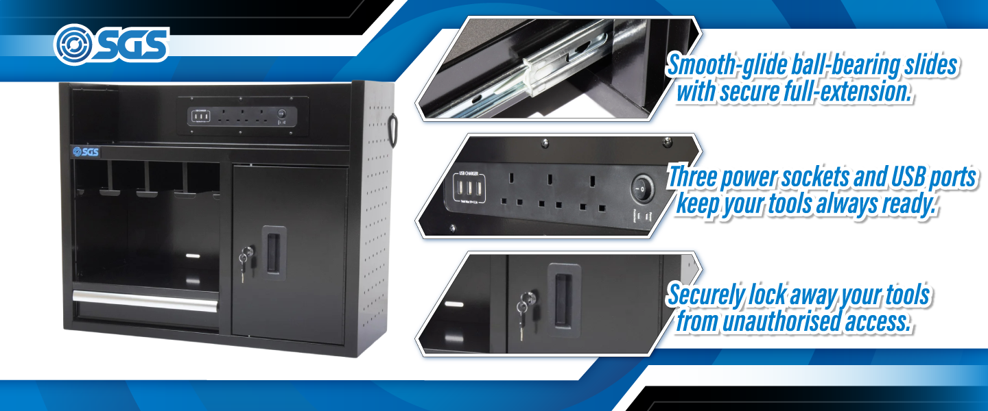 SGS 30in Wall Mounted Power Tool Storage Rack and Charging Station | 4 Slots | Drawer | Cabinet