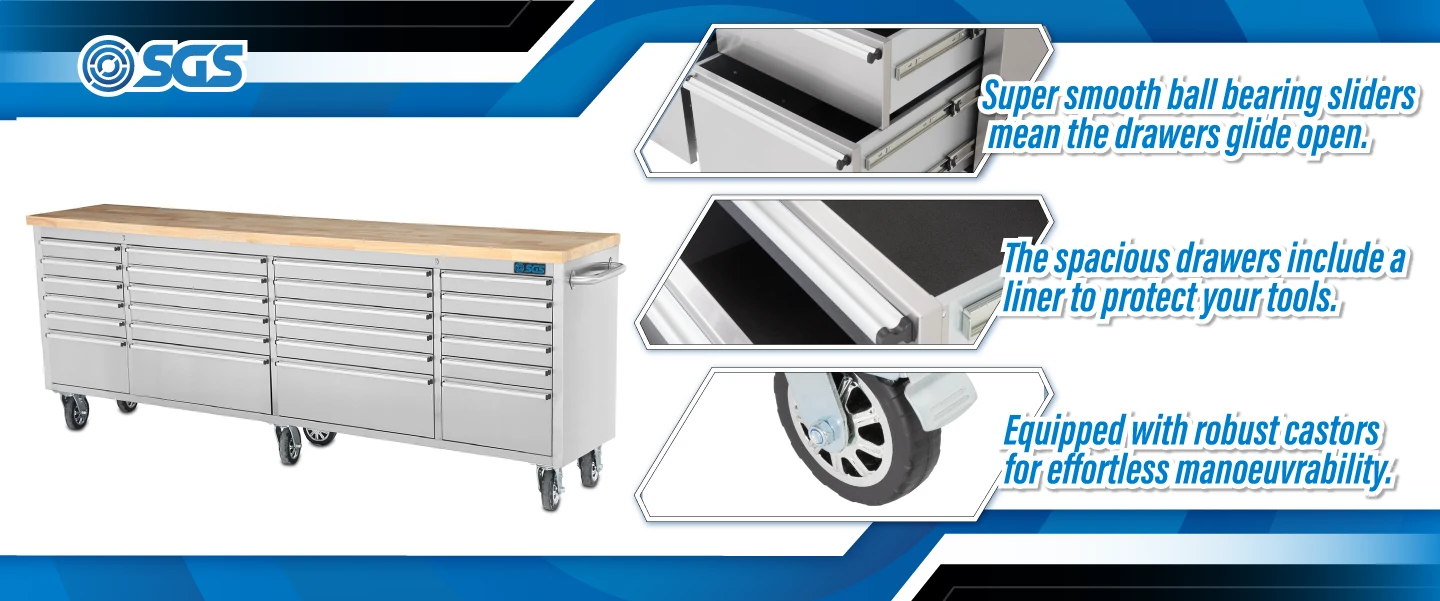 SGS 96in Stainless Steel 24 Drawer Work Bench Tool Chest Cabinet
