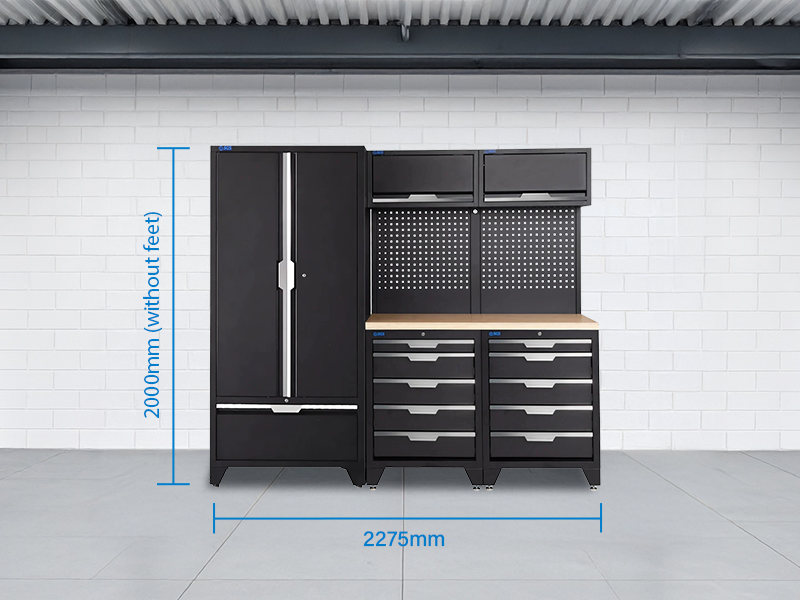SGS 7pc Garage Storage System | 10 Drawers | Pressed Wood Worktop | 2x Upper Cabinets | Tall Double Cabinet with Drawer