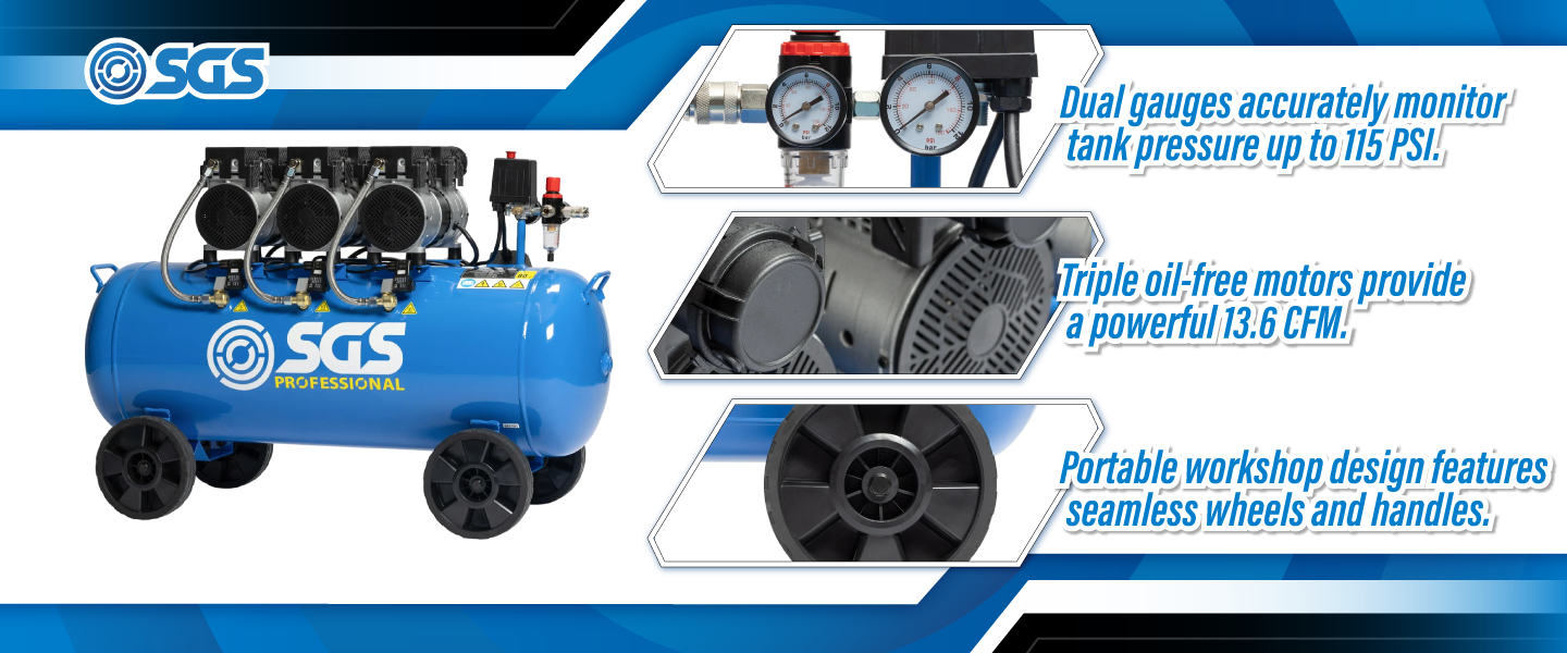SGS Pro Super Silent 100 Litre Air Compressor | 13.6 CFM | 3 HP | 115 PSI