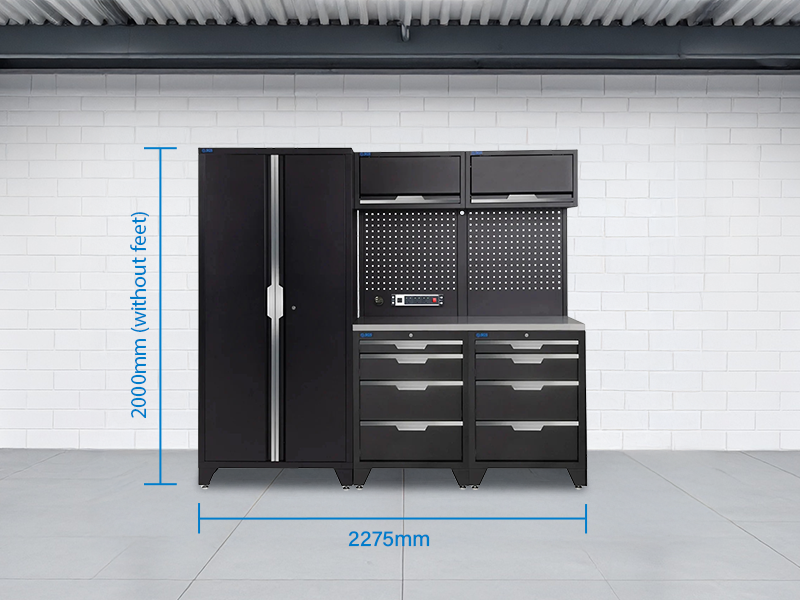 SGS 7pc Garage Storage System | 8 Drawers | Stainless Steel Worktop | 2x Upper Cabinets | Tall Double Cabinet | Pegboard with Power Strip
