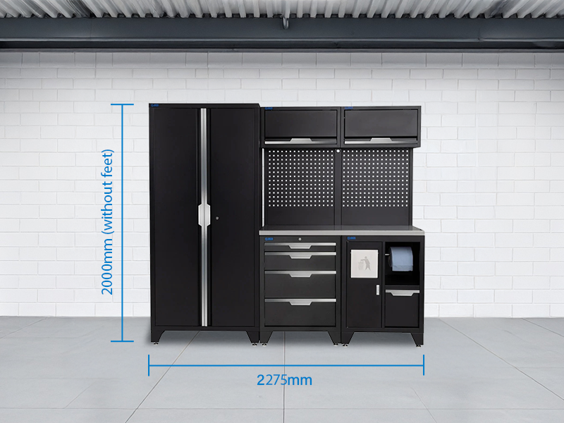SGS 7pc Garage Storage System | 4 Drawers | Stainless Steel Worktop | Bin Unit | 2x Upper Cabinets | Tall Double Cabinet