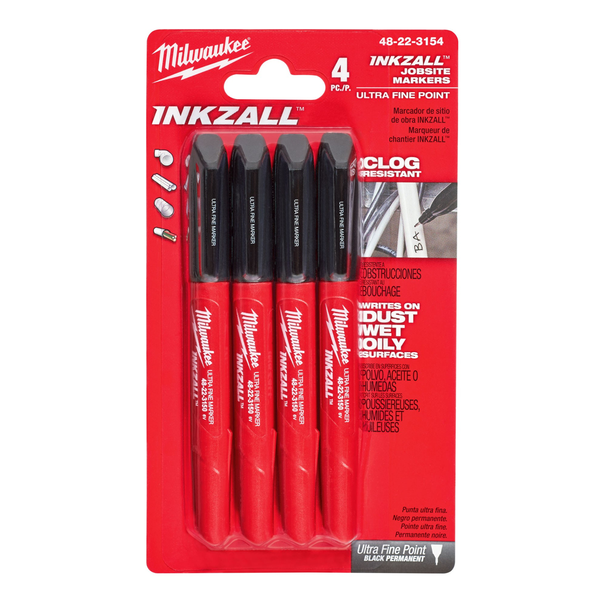 Milwaukee 48223154 Inkzall Point Markers - Pack of 4 0.5mm Ultra Fine Point Black Ideal for Writing On Rough Dusty Wet or Oily Surfaces