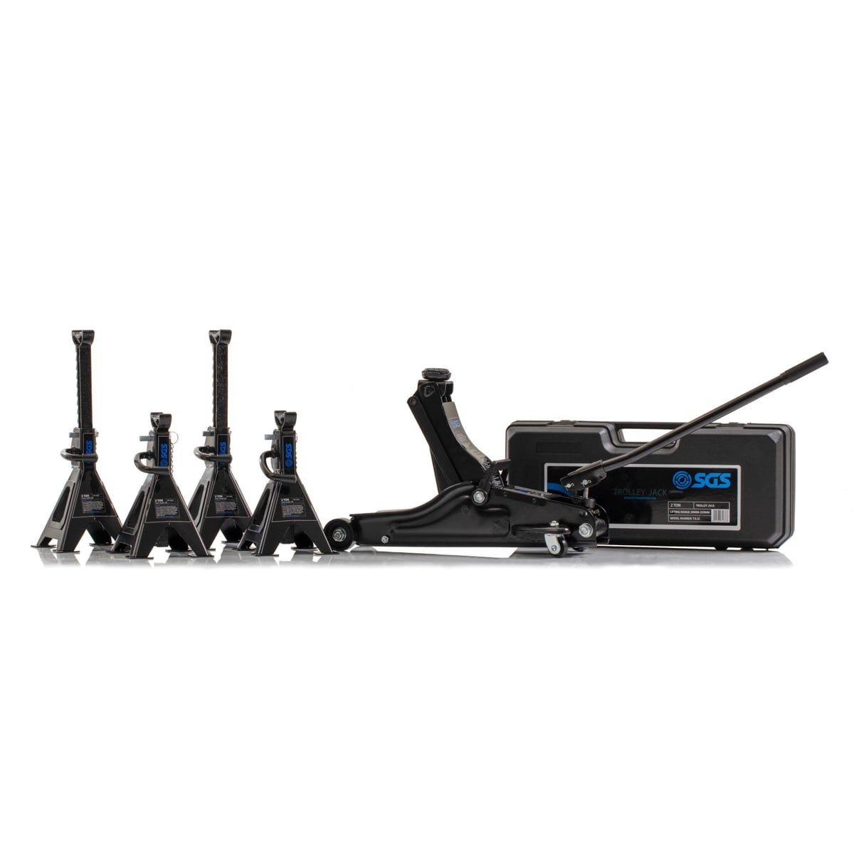 SGS 2 Tonne Low Profile Trolley Jack | 4x 2 Tonne Axle Stands | Carry Case