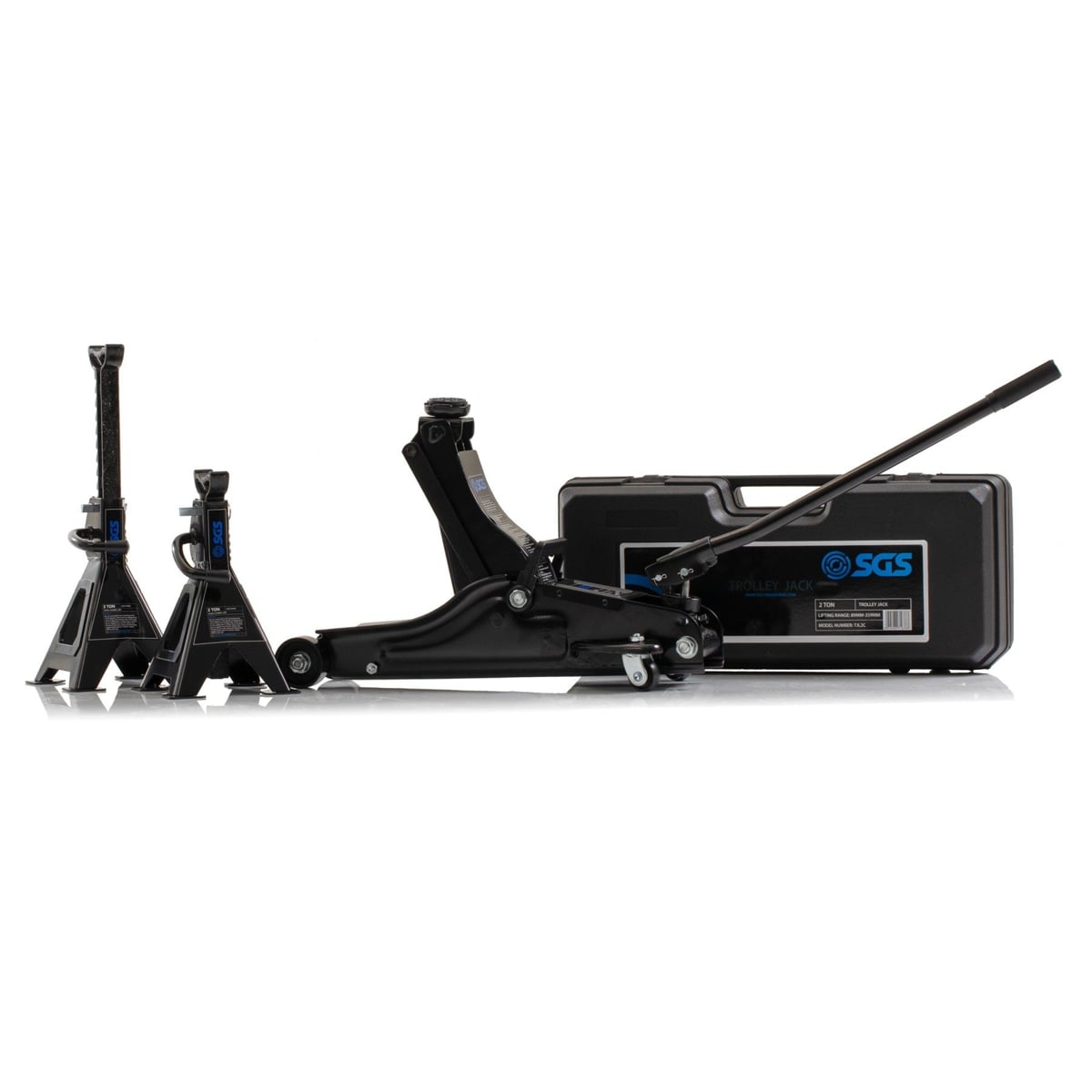 SGS 2 Tonne Low Profile Trolley Jack | 2x 2 Tonne Axle Stands | Carry Case