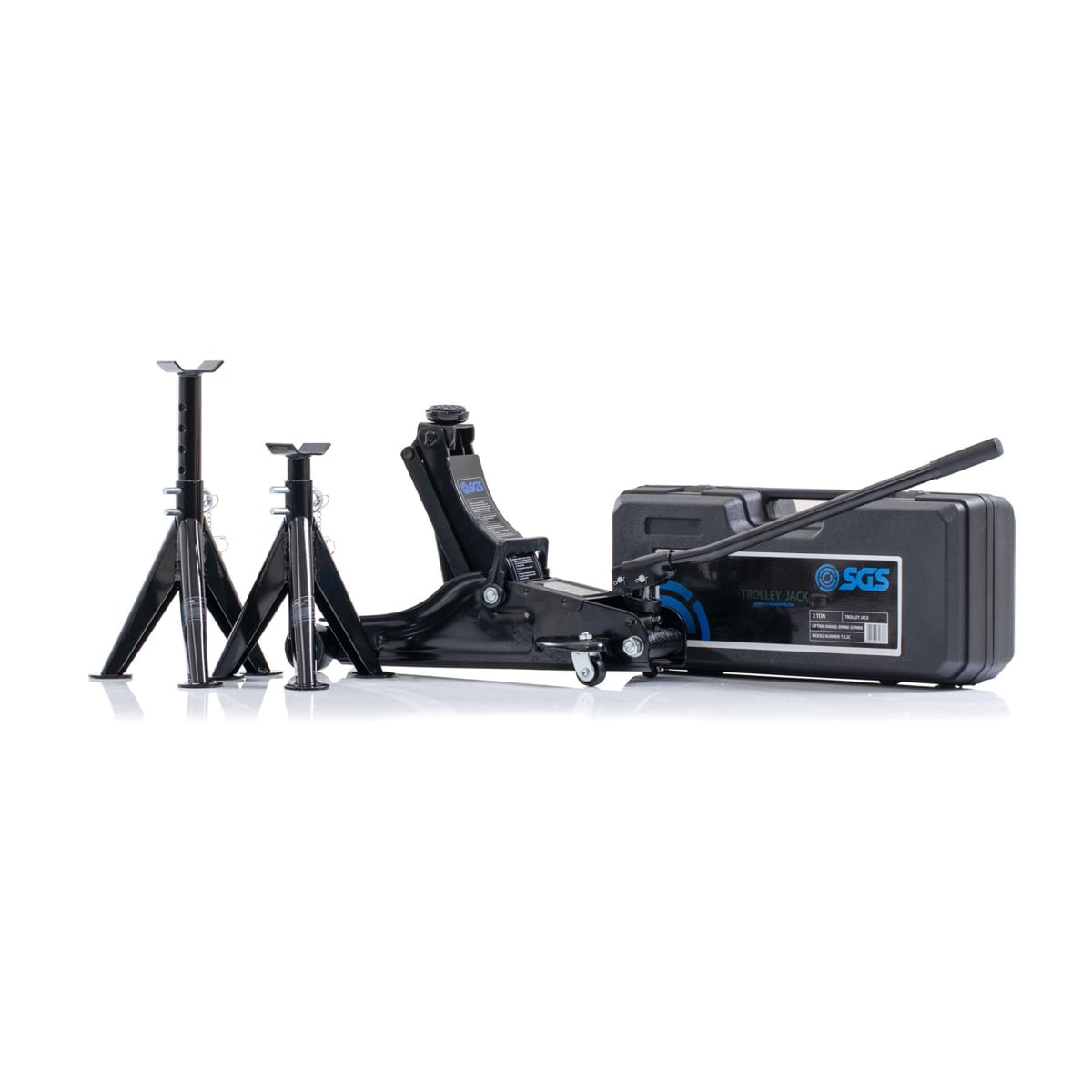SGS 2 Tonne Low Profile Trolley Jack | 2x 3 Tonne Axle Stands | Carry Case