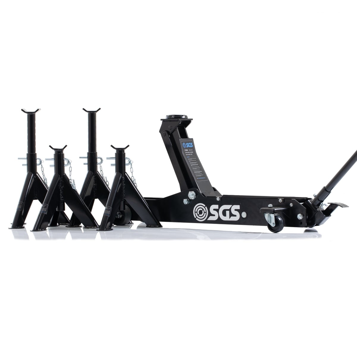 SGS 3 Tonne Long Reach Service Trolley Jack | 4x 3 Tonne Axle Stands