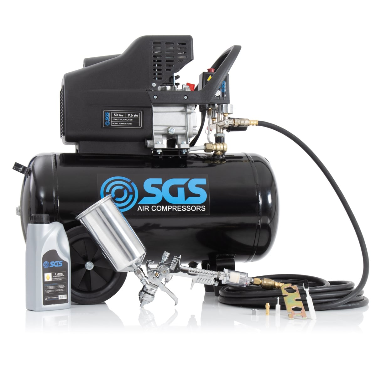 SGS 50 Litre Direct Drive Air Compressor & Spray Gun Kit - 9.6CFM 2.5HP 50L