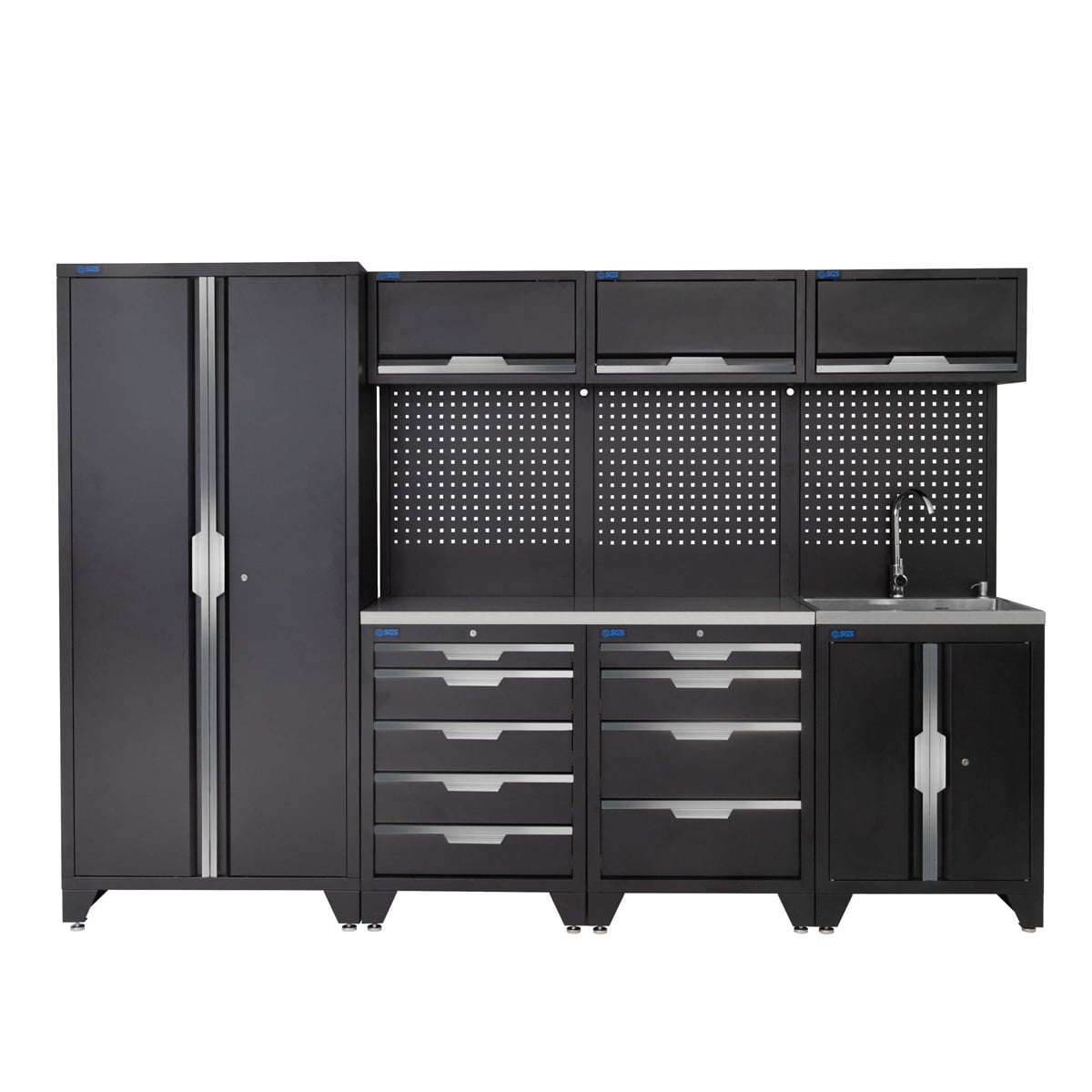 SGS 10pc Garage Storage System | 9 Drawers | Stainless Steel Worktop | Tall Double Cabinet | Sink Unit | 3x Upper Cabinets