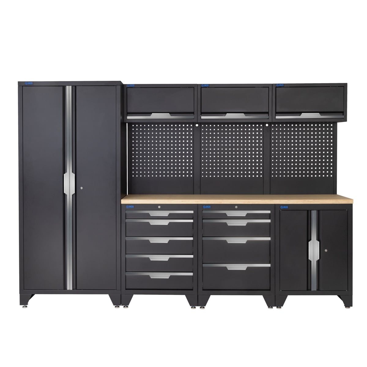 SGS 10pc Garage Storage System | 9 Drawers | Pressed Wood Worktop | Tall Double Cabinet | Floor Cabinet | 3x Upper Cabinets