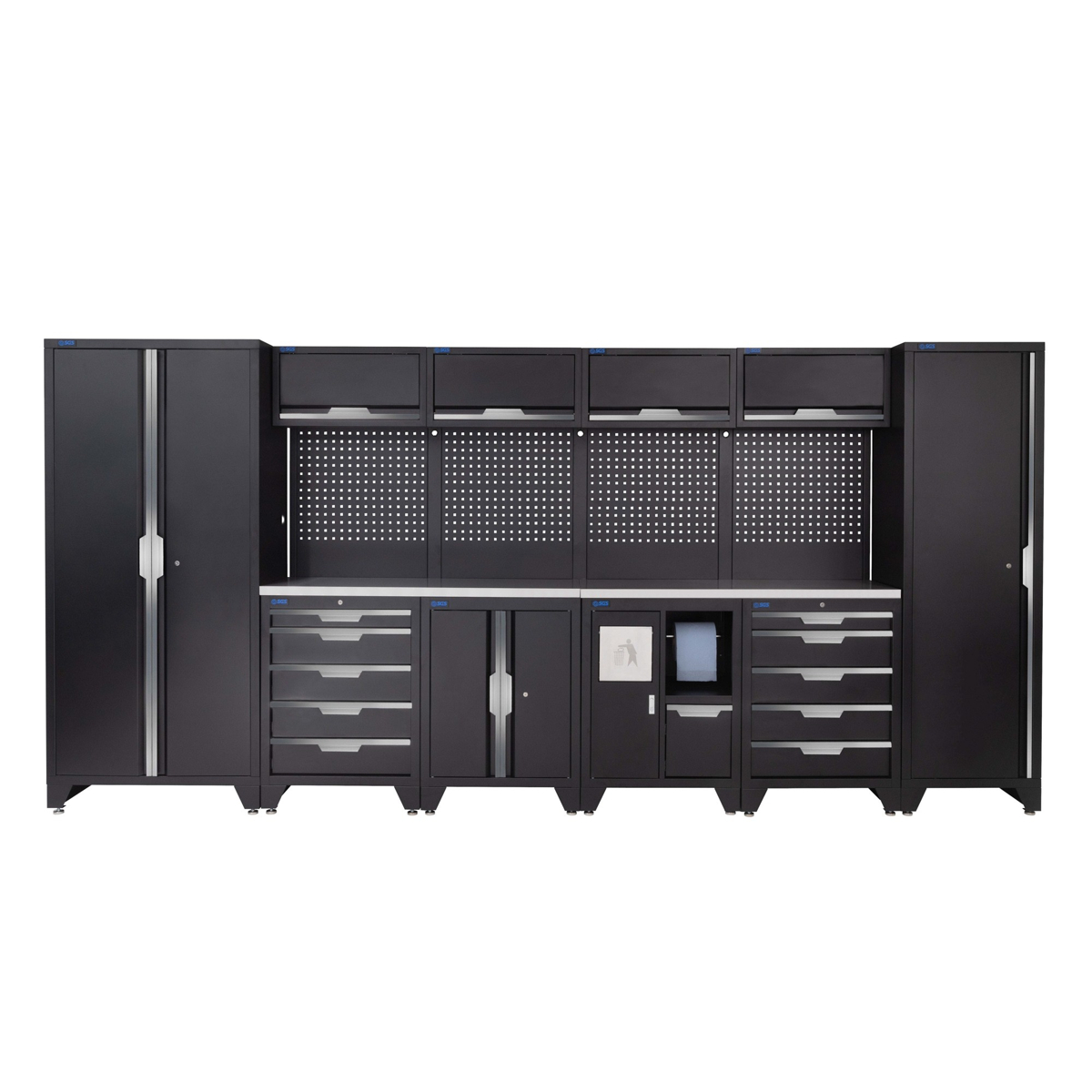 SGS 14pc Garage Storage System | 10 Drawers | Stainless Steel Worktop | Floor Cabinet | Tall Single & Double Cabinets | Bin Unit