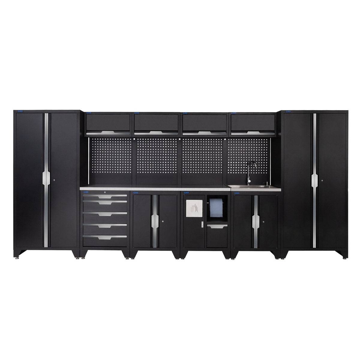 SGS 14pc Garage Storage System | 5 Drawers | Stainless Steel Worktop | Floor Cabinet | Tall Double Cabinets | Bin Unit | Sink Unit