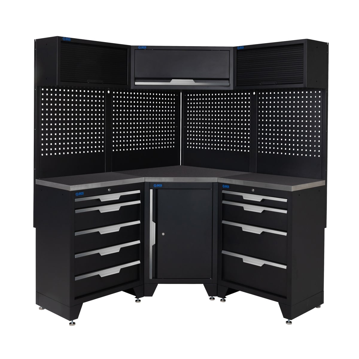 SGS 10pc Corner Garage Storage System | 9 Drawers | Stainless Steel Worktop | Corner Floor Cabinet | 3x Upper Cabinets