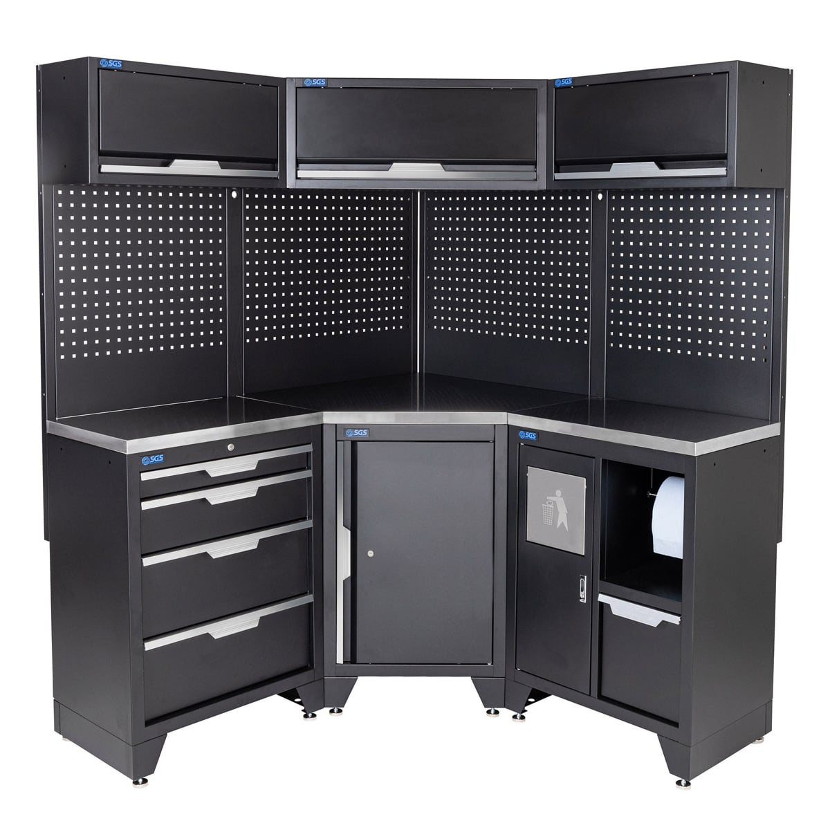 SGS 10pc Corner Garage Storage System | 4 Drawers | Stainless Steel Worktop | Corner Floor Cabinet | Bin Unit | 3x Upper Cabinets