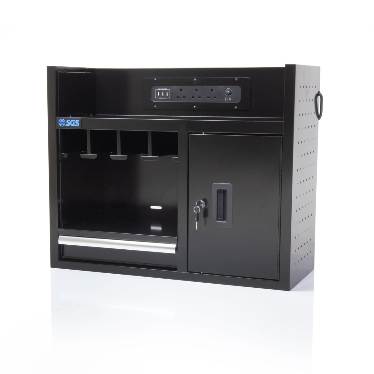 SGS 30in Wall Mounted Power Tool Storage Rack and Charging Station | 4 Slots | Drawer | Cabinet | Black