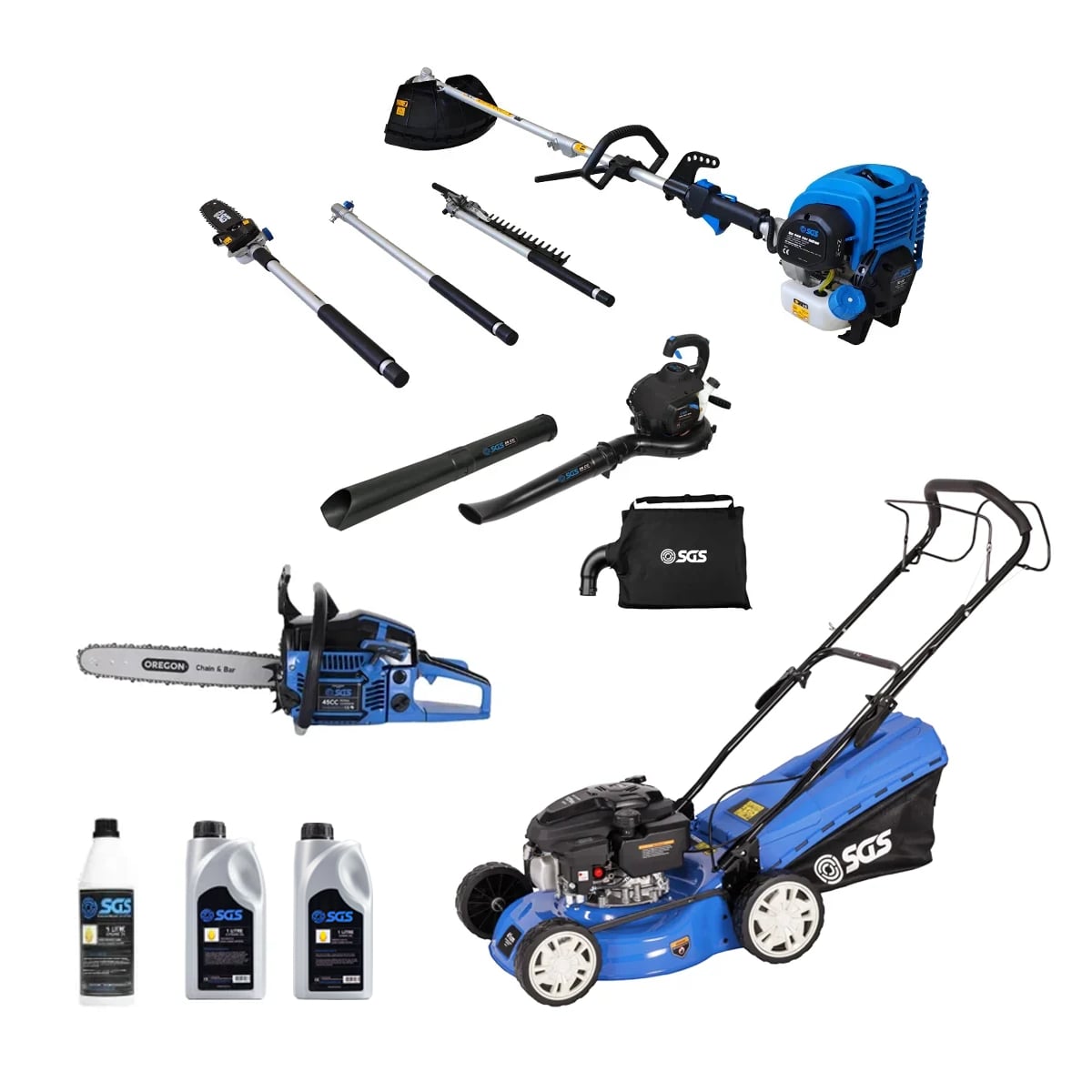 SGS Ultimate Garden Power Bundle - Chainsaw, Lawnmower, Multi-tool and Leaf Blower