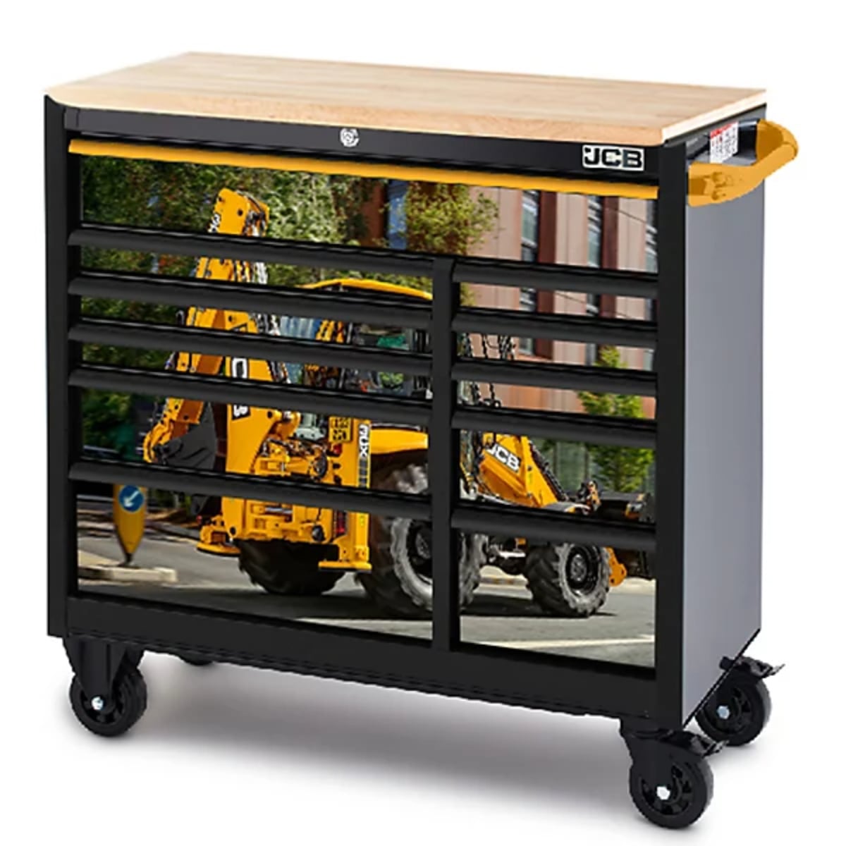 JCB 42in Roller Tool Cabinet, 11 Drawers, Steel with Hardwood Worktop and Backhoe Loader Wrap