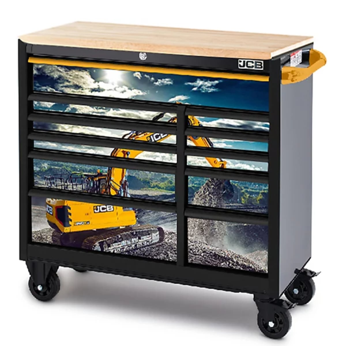 JCB 42in Roller Tool Cabinet, 11 Drawers, Steel with Hardwood Worktop and Excavator Wrap