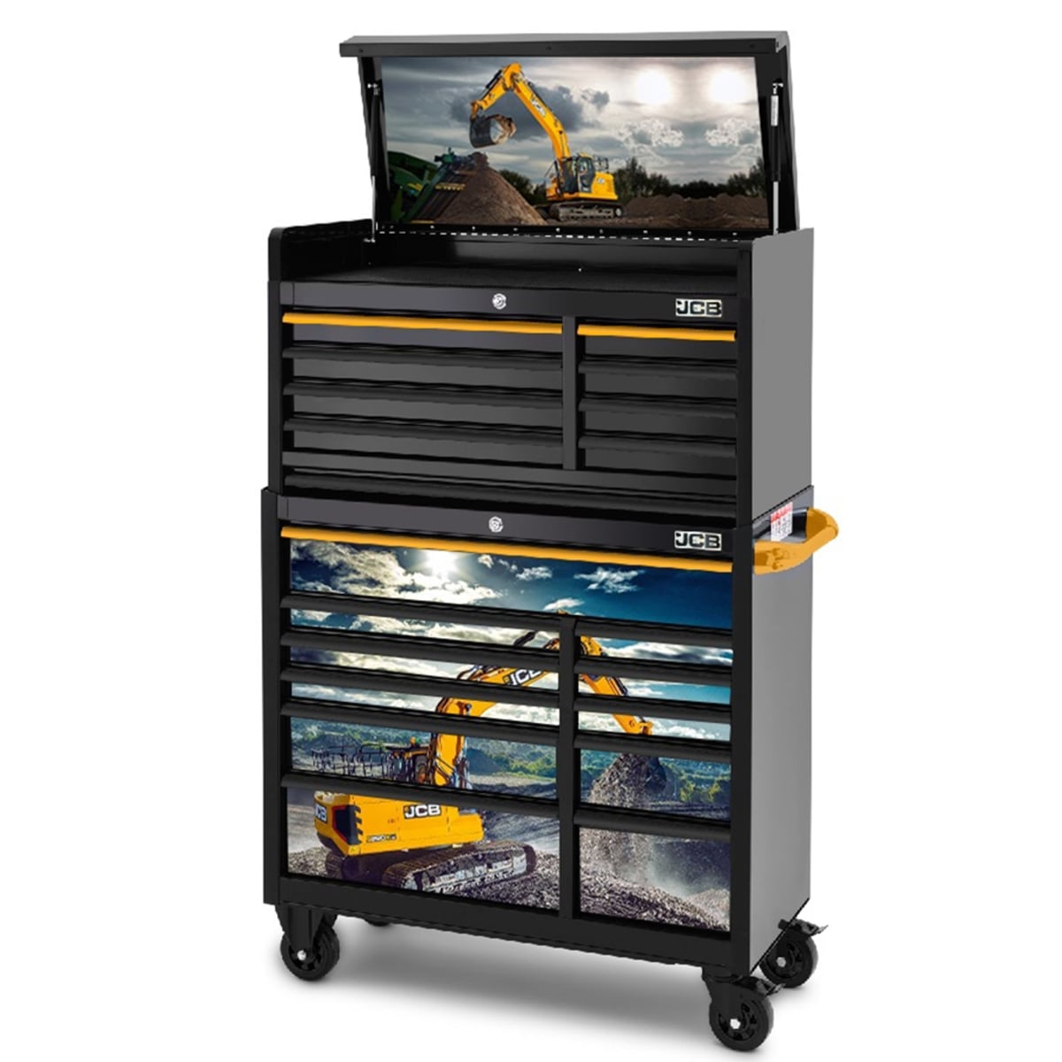 JCB 42in Roller Cabinet and Top Tool Chest Stack with Excavator Wrap