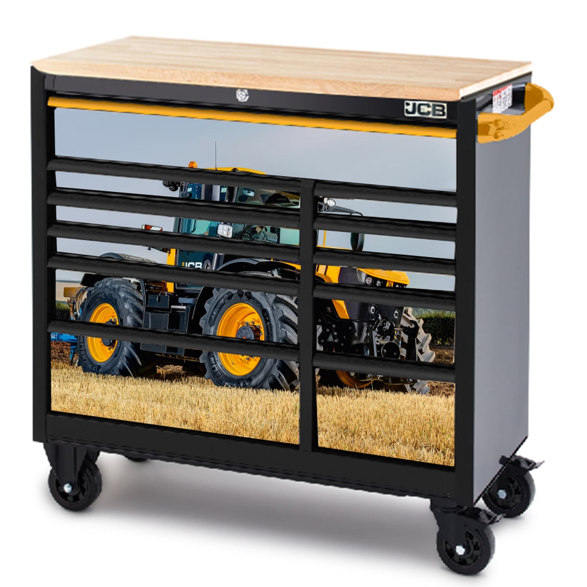 JCB 42in Roller Tool Cabinet, 11 Drawers, Steel with Hardwood Worktop and Fastrac Tractor Wrap