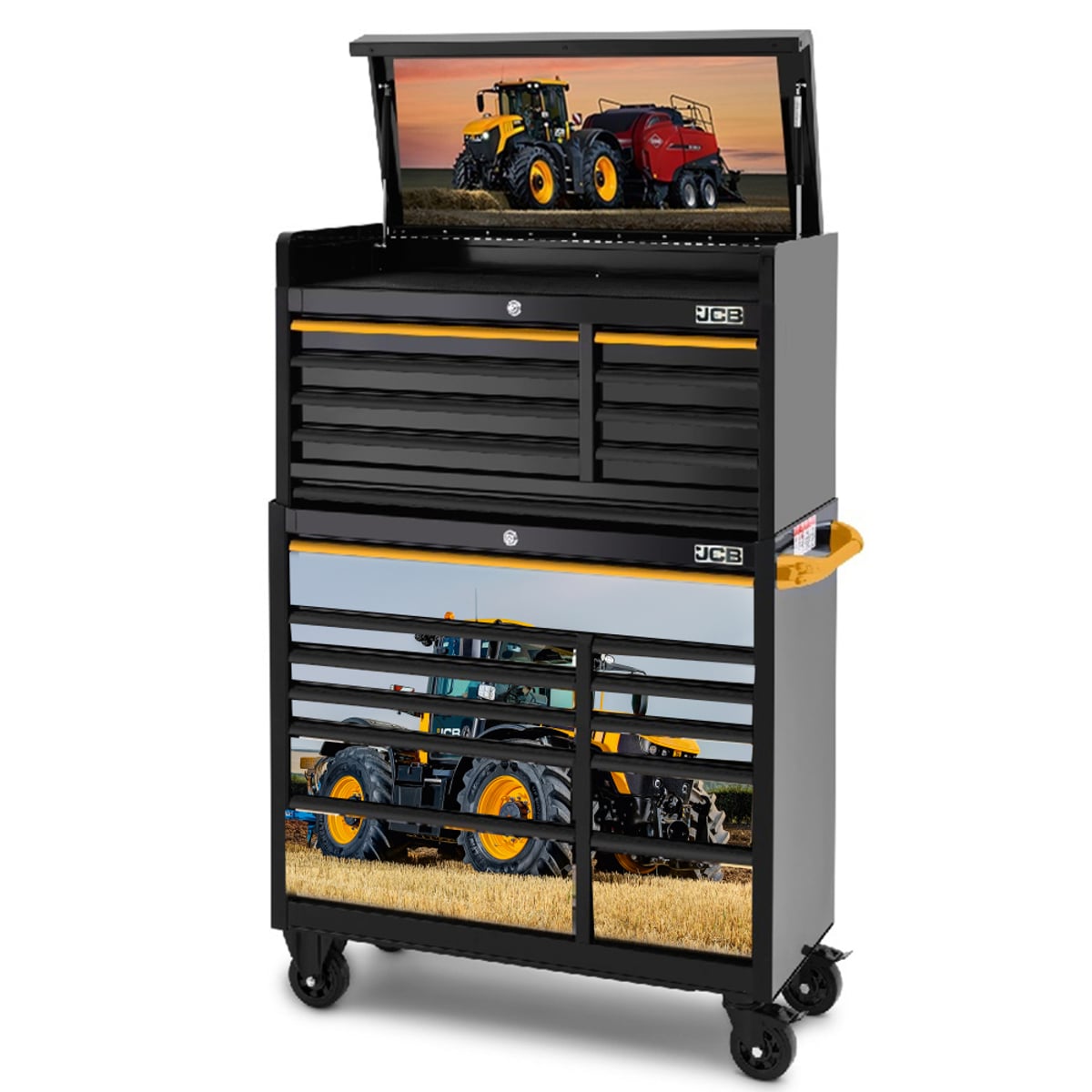 JCB 42in Roller Cabinet and Top Tool Chest Stack with Fastrac Tractor Wrap
