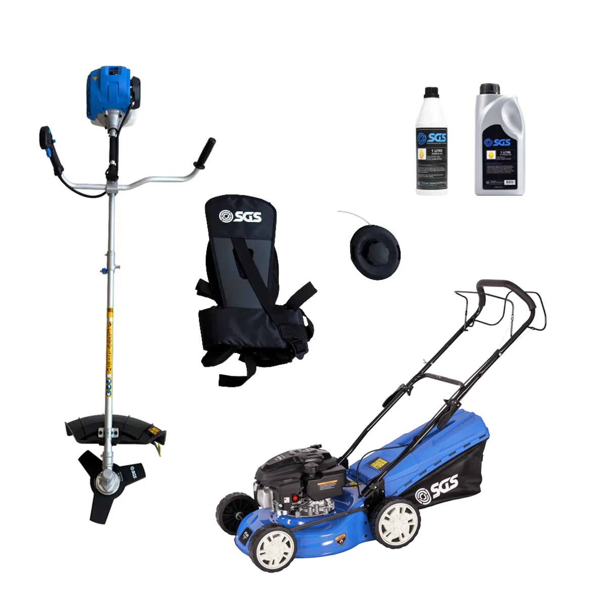 SGS 4 Piece Garden Bundle, 41cm Petrol Lawnmower, 52cc Petrol Strimmer and Brush Cutter, Engine Oil and Stroke Oil