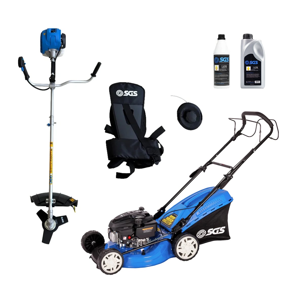SGS 4 Piece Garden Bundle, 46cm Petrol Lawnmower, 52cc Petrol Strimmer and Brush Cutter, Engine Oil and Stroke Oil