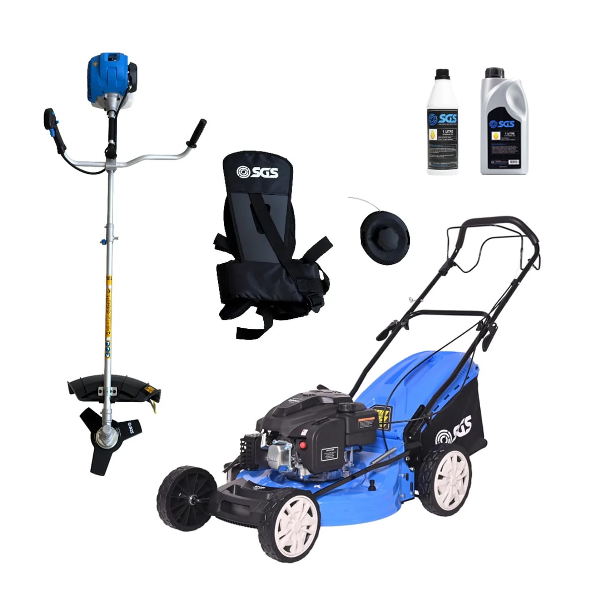 SGS 4 Piece Garden Bundle, 53cm Petrol Lawnmower, 52cc Petrol Strimmer and Brush Cutter, Engine Oil and Stroke Oil